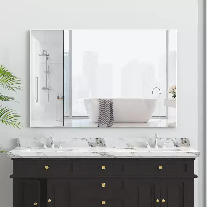 Miroir de salle de bain 48x32 avec cadre moderne blanc : Surdimensionné, Aluminium, Fixation murale, Vertical/Horizontal