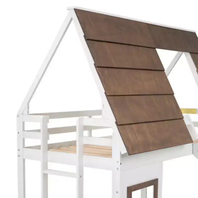 Lit superposé cabane double en bois avec toit, échelle et toboggan, Blanc+Marron