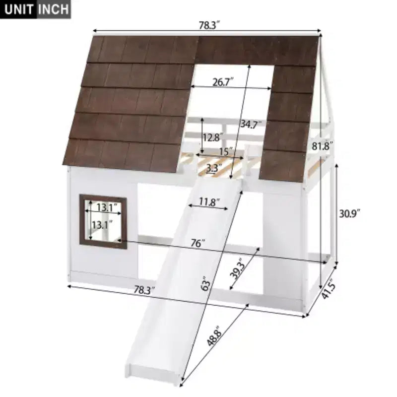 Lit superposé cabane double en bois avec toit, échelle et toboggan, Blanc+Marron