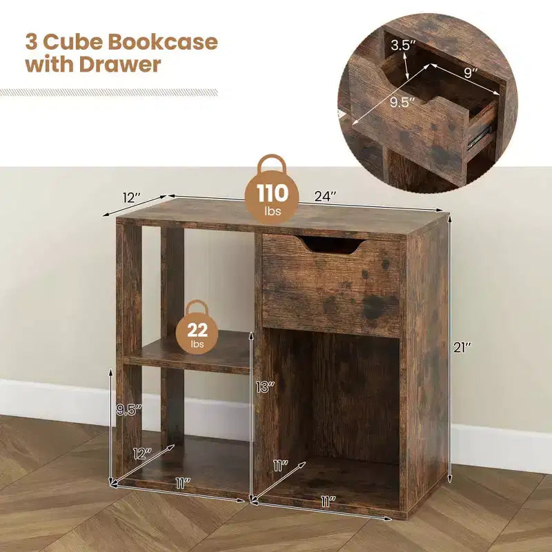 1/2 bibliothèques 3 cubes à 2 étagères ouvertes avec tiroir, organisateur de rangement à domicile