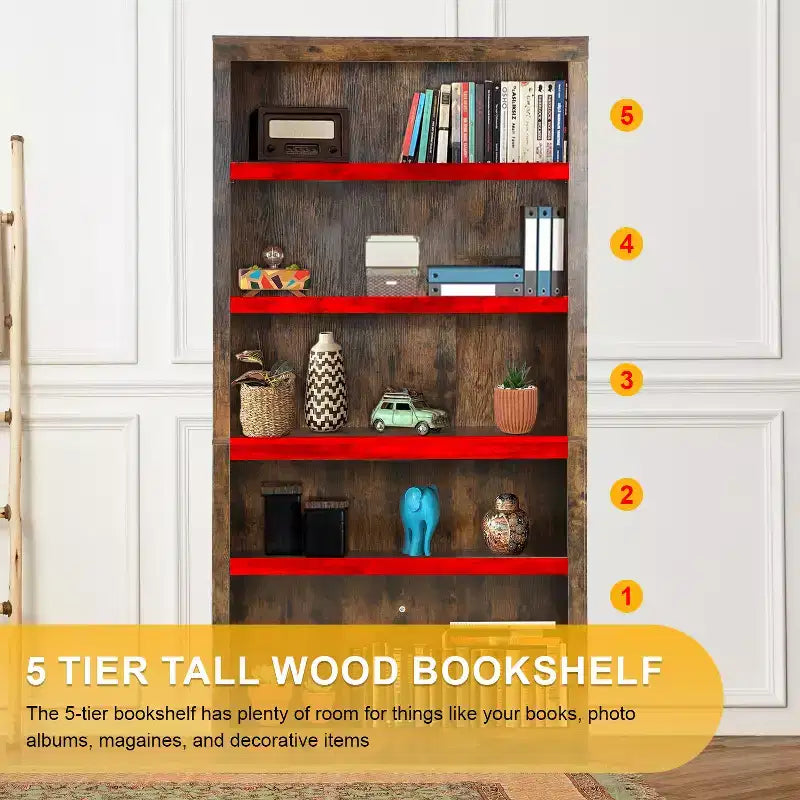 Étagère à livres en bois à 5 niveaux et accès facile pour salon, chambre, bureau, marron