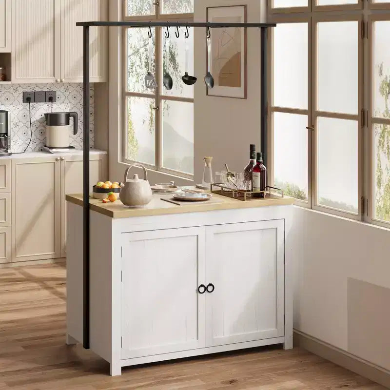 Îlot de cuisine de 106 cm avec rangement, table îlot multifonctionnelle avec 2 étagères, comptoir de cuisine avec 5 crochets, blanc et naturel