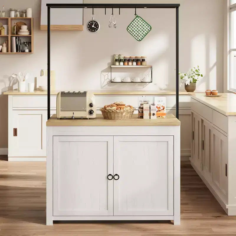 Îlot de cuisine de 106 cm avec rangement, table îlot multifonctionnelle avec 2 étagères, comptoir de cuisine avec 5 crochets, blanc et naturel