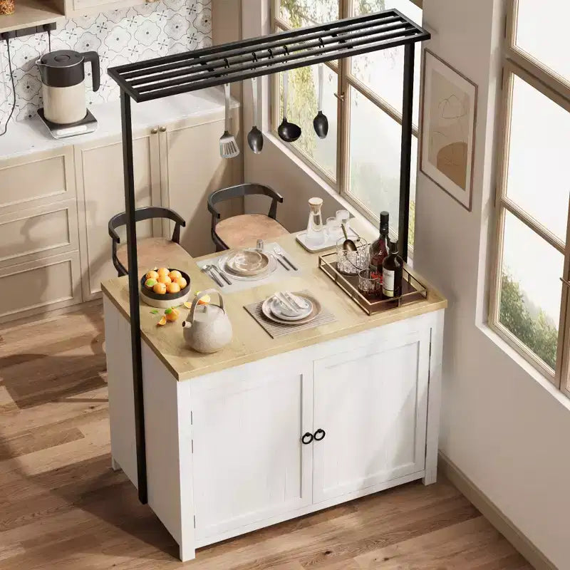 Îlot de cuisine de 106 cm avec rangement, table îlot multifonctionnelle avec 2 étagères, comptoir de cuisine avec 5 crochets, blanc et naturel