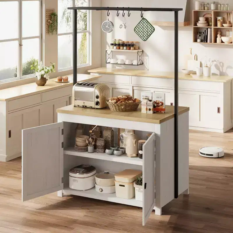 Îlot de cuisine de 106 cm avec rangement, table îlot multifonctionnelle avec 2 étagères, comptoir de cuisine avec 5 crochets, blanc et naturel