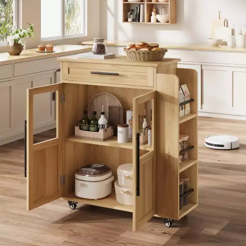 Îlot de cuisine roulant en bois avec tiroir, chariot de cuisine avec meuble de rangement sur roulettes, îlot roulant avec plateau en bois plus épais et 3 étagères à épices