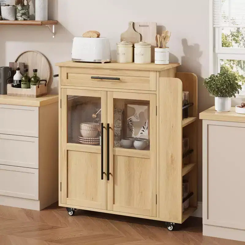 Îlot de cuisine roulant en bois avec tiroir, chariot de cuisine avec meuble de rangement sur roulettes, îlot roulant avec plateau en bois plus épais et 3 étagères à épices