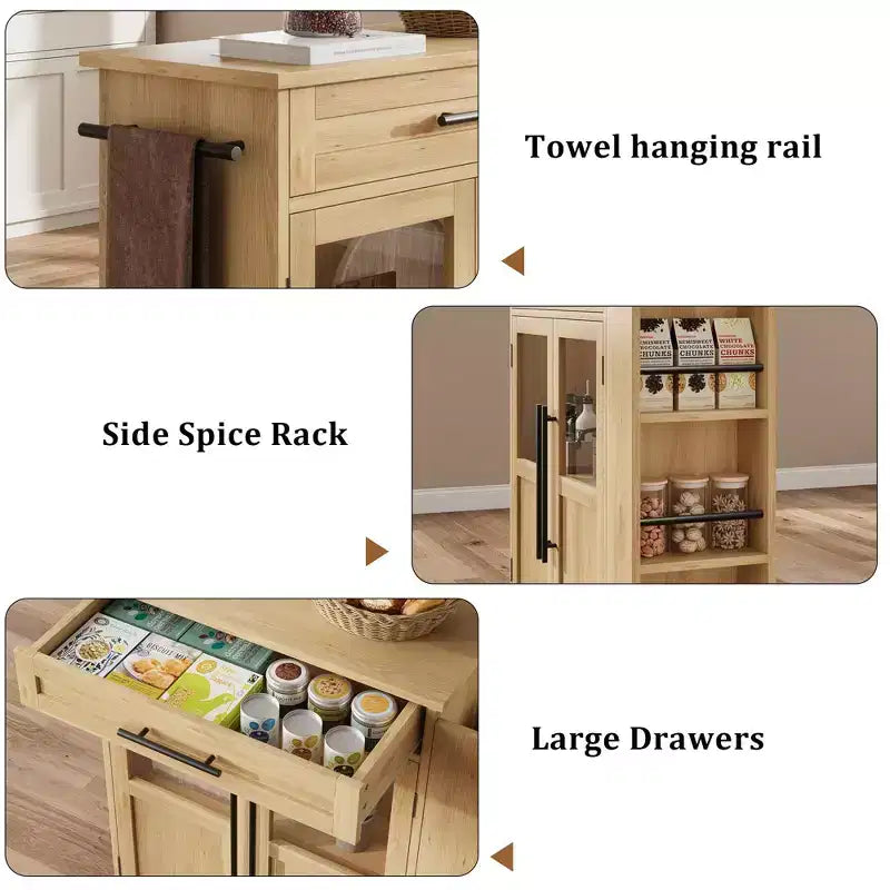 Îlot de cuisine roulant en bois avec tiroir, chariot de cuisine avec meuble de rangement sur roulettes, îlot roulant avec plateau en bois plus épais et 3 étagères à épices