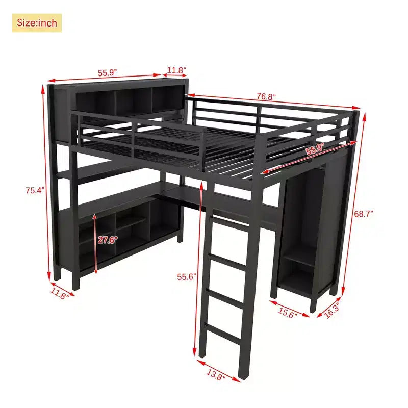 Lit mezzanine pleine/grand lit avec armoire et bureau en L, lits superposés en métal robustes avec rangement, lits superposés hauts pour adolescents et adultes.