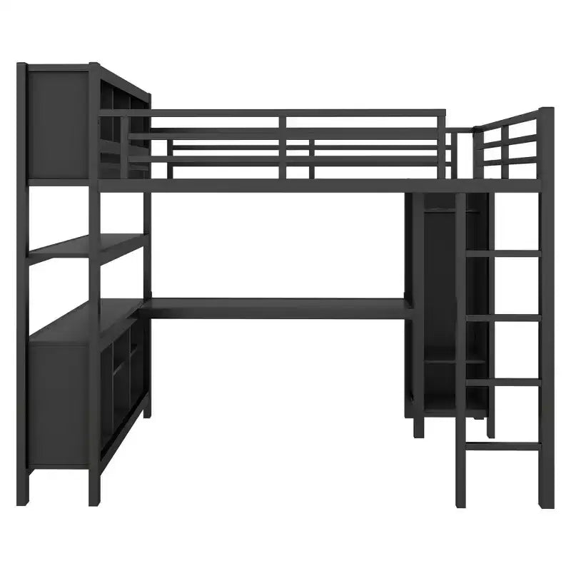 Lit mezzanine pleine/grand lit avec armoire et bureau en L, lits superposés en métal robustes avec rangement, lits superposés hauts pour adolescents et adultes.