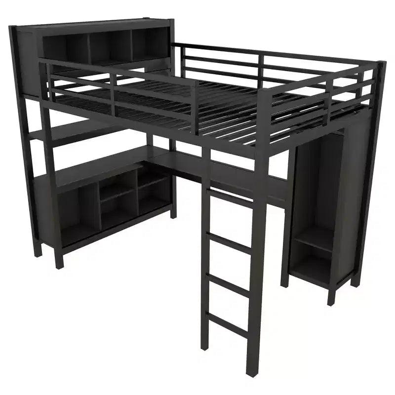 Lit mezzanine pleine/grand lit avec armoire et bureau en L, lits superposés en métal robustes avec rangement, lits superposés hauts pour adolescents et adultes.