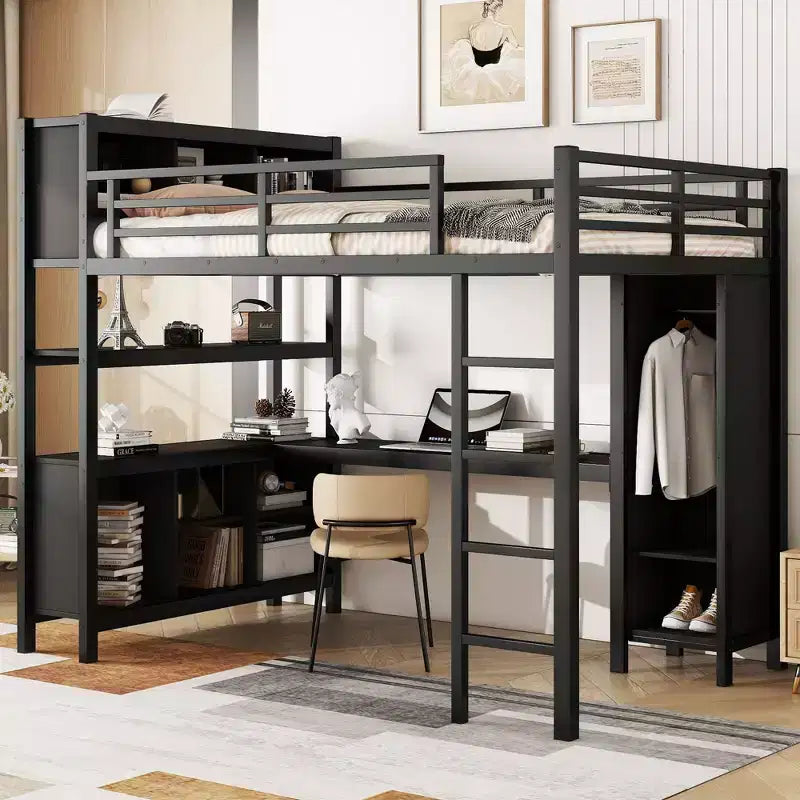 Lit mezzanine pleine/grand lit avec armoire et bureau en L, lits superposés en métal robustes avec rangement, lits superposés hauts pour adolescents et adultes.
