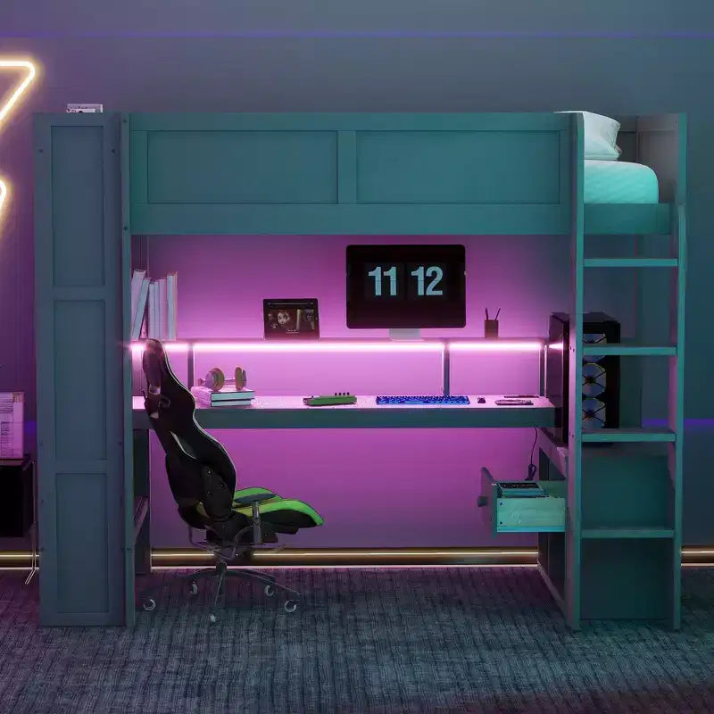 Lit mezzanine en bois double/simple avec bureau et étagères de rangement multiples, lit superposé avec LED, station de recharge, lits mezzanines multifonctionnels pour enfants, adolescents