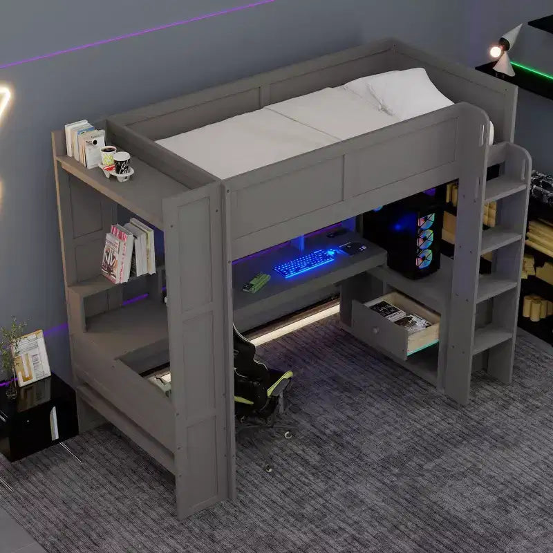 Lit mezzanine en bois double/simple avec bureau et étagères de rangement multiples, lit superposé avec LED, station de recharge, lits mezzanines multifonctionnels pour enfants, adolescents