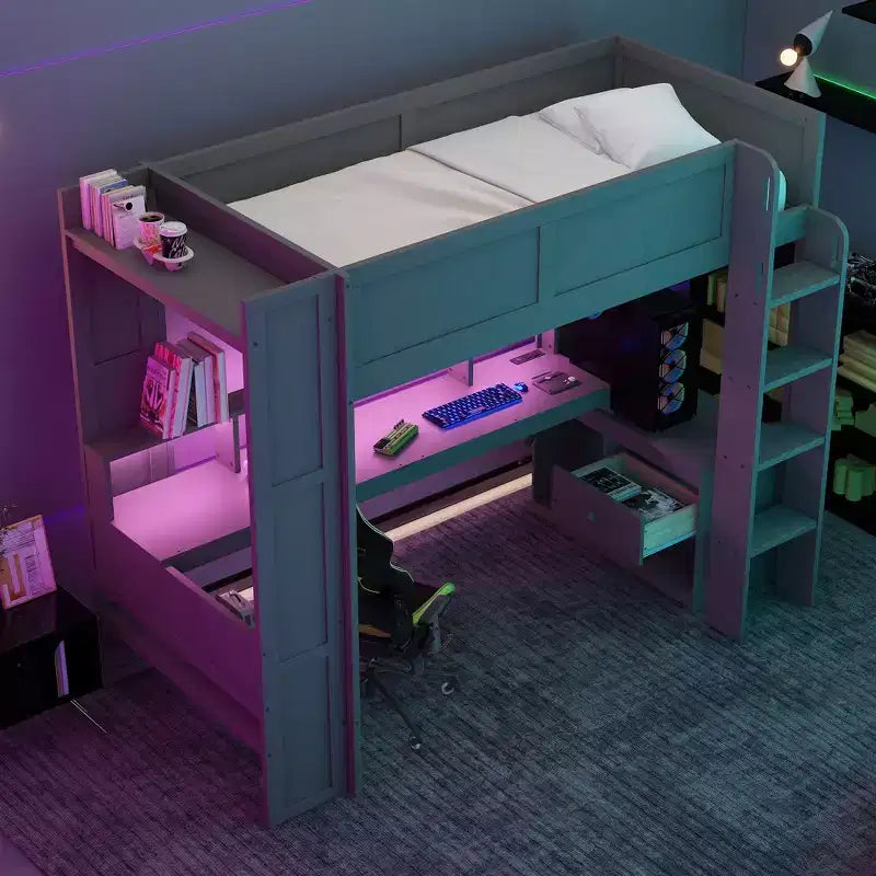 Lit mezzanine en bois double/simple avec bureau et étagères de rangement multiples, lit superposé avec LED, station de recharge, lits mezzanines multifonctionnels pour enfants, adolescents