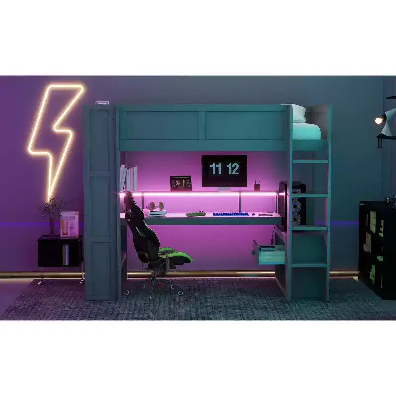 Lit mezzanine en bois double/simple avec bureau et étagères de rangement multiples, lit superposé avec LED, station de recharge, lits mezzanines multifonctionnels pour enfants, adolescents