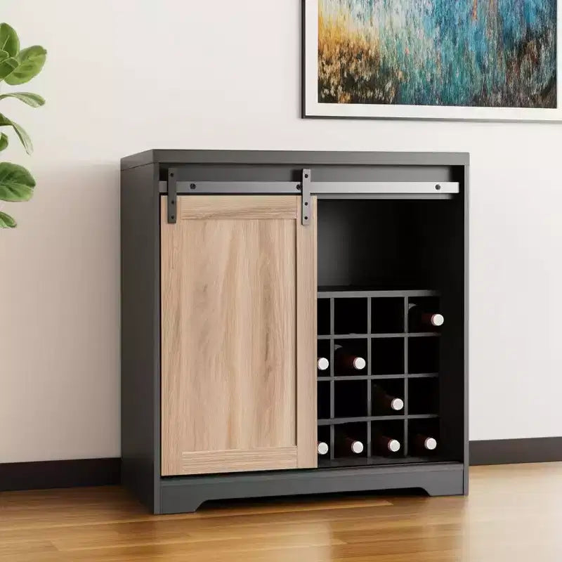 Meuble Bar à Porte Coulissante Bois Naturel et Charbon de Bois
