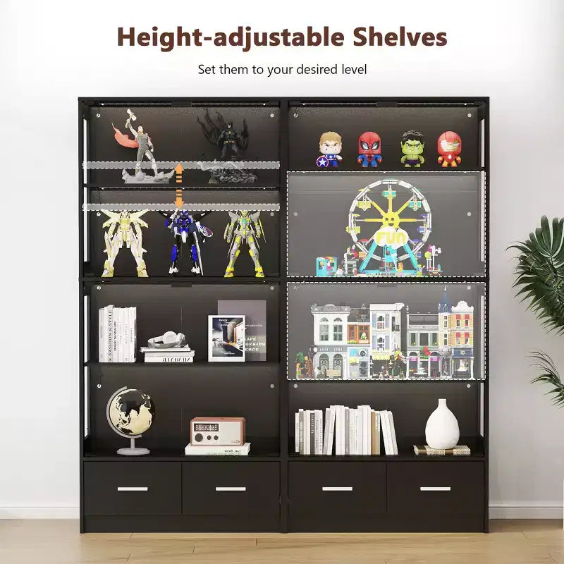 Vitrine en verre à 5 niveaux avec lumières LED, étagères réglables et 2 tiroirs, meuble de collection pour la maison et le bureau