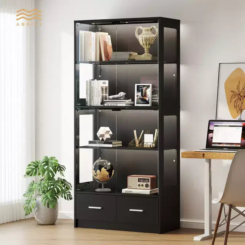 Vitrine en verre à 5 niveaux avec lumières LED, étagères réglables et 2 tiroirs, meuble de collection pour la maison et le bureau