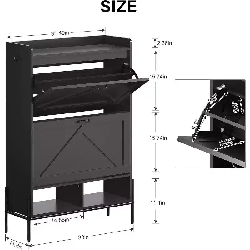 Meuble à chaussures 2 tiroirs, Organisateur d'entrée autoportant avec portes rabattables, Pieds en métal, Meuble à chaussures étroit pour rangement sec/humide
