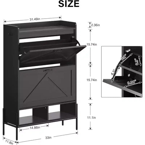 Meuble à chaussures 2 tiroirs, Organisateur d'entrée autoportant avec portes rabattables, Pieds en métal, Meuble à chaussures étroit pour rangement sec/humide