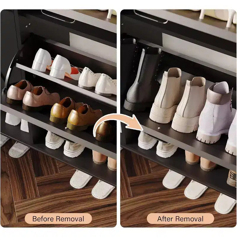 Meuble à chaussures 2 tiroirs, Organisateur d'entrée autoportant avec portes rabattables, Pieds en métal, Meuble à chaussures étroit pour rangement sec/humide