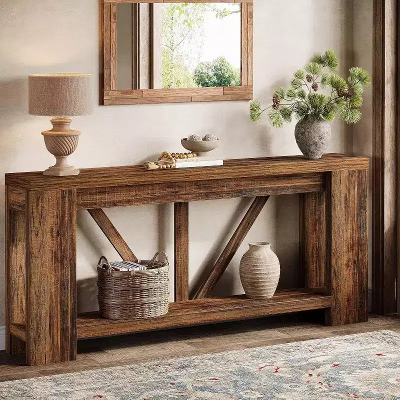 Longue console, table de canapé de style rustique à 2 niveaux derrière le canapé, grande console d'entrée avec rangement pour le couloir, le vestibule