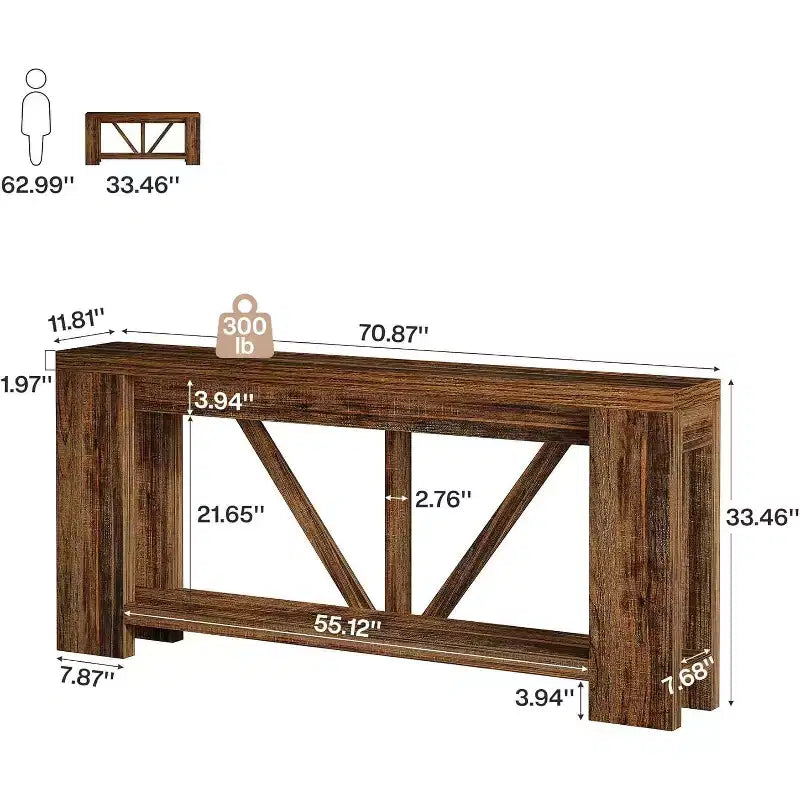 Longue console, table de canapé de style rustique à 2 niveaux derrière le canapé, grande console d'entrée avec rangement pour le couloir, le vestibule