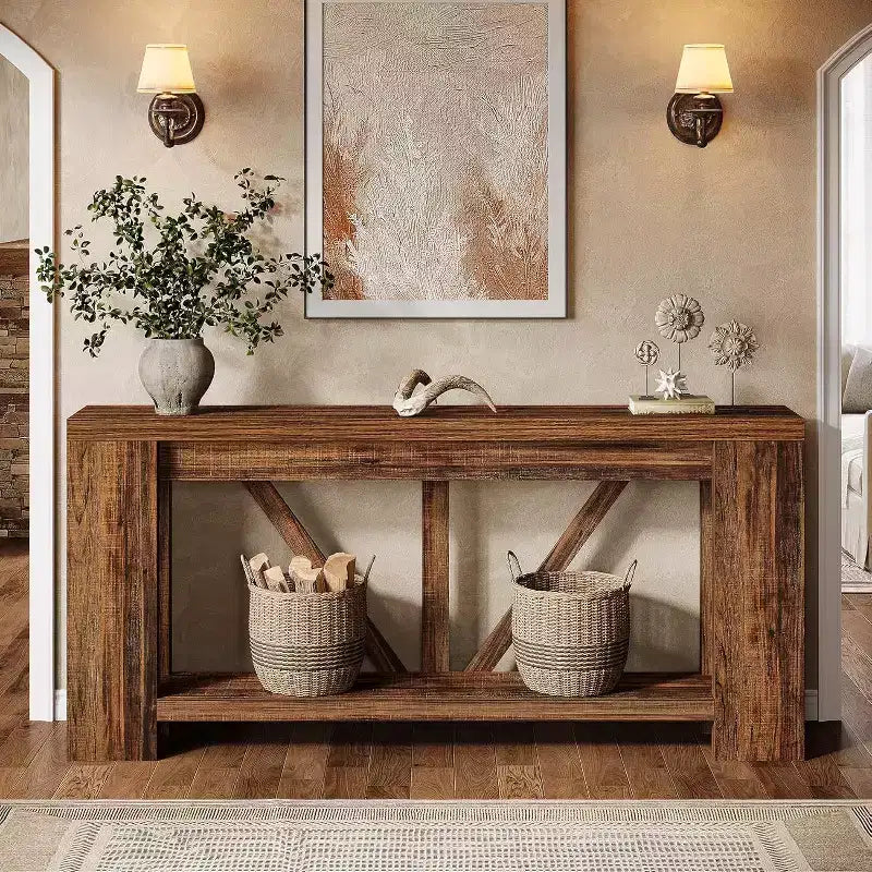 Longue console, table de canapé de style rustique à 2 niveaux derrière le canapé, grande console d'entrée avec rangement pour le couloir, le vestibule
