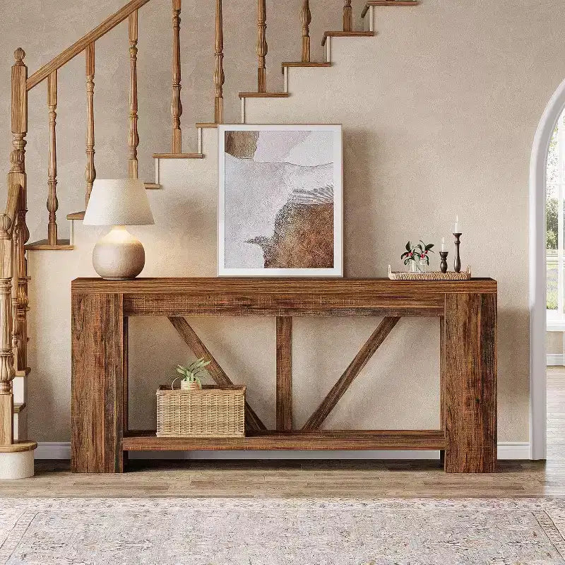 Longue console, table de canapé de style rustique à 2 niveaux derrière le canapé, grande console d'entrée avec rangement pour le couloir, le vestibule