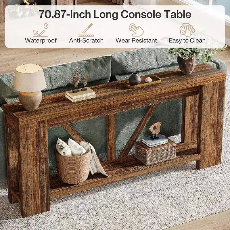 Longue console, table de canapé de style rustique à 2 niveaux derrière le canapé, grande console d'entrée avec rangement pour le couloir, le vestibule