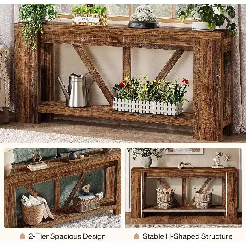 Longue console, table de canapé de style rustique à 2 niveaux derrière le canapé, grande console d'entrée avec rangement pour le couloir, le vestibule