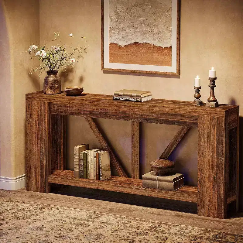 Longue console, table de canapé de style rustique à 2 niveaux derrière le canapé, grande console d'entrée avec rangement pour le couloir, le vestibule