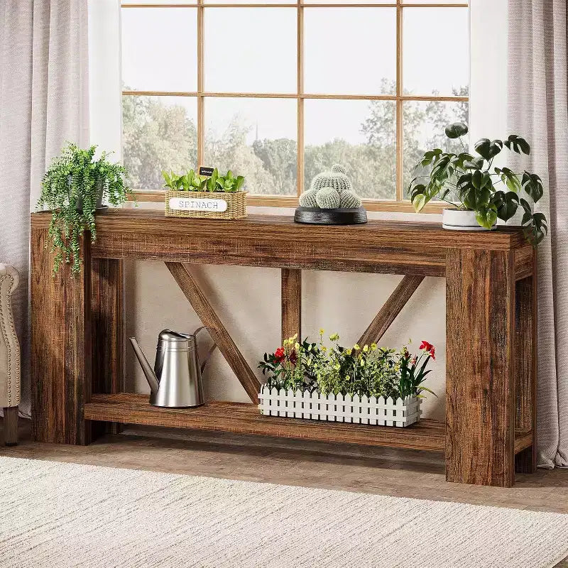 Longue console, table de canapé de style rustique à 2 niveaux derrière le canapé, grande console d'entrée avec rangement pour le couloir, le vestibule
