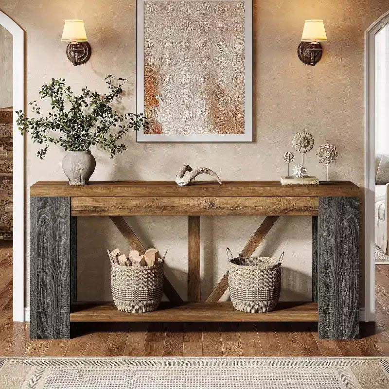 Longue console, table de canapé de style rustique à 2 niveaux derrière le canapé, grande console d'entrée avec rangement pour le couloir, le vestibule