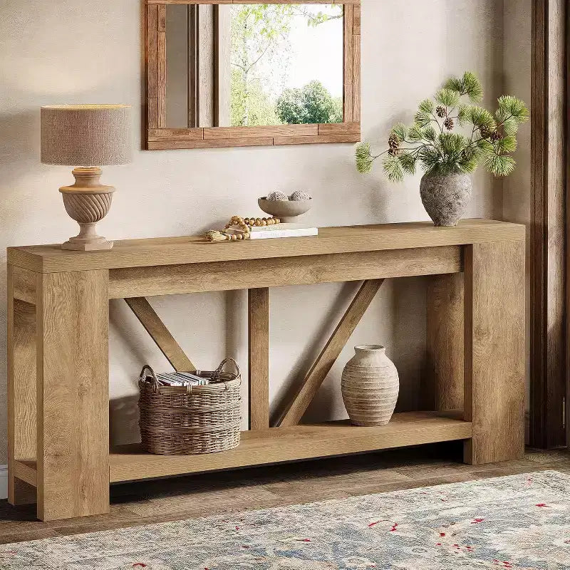 Longue console, table de canapé de style rustique à 2 niveaux derrière le canapé, grande console d'entrée avec rangement pour le couloir, le vestibule