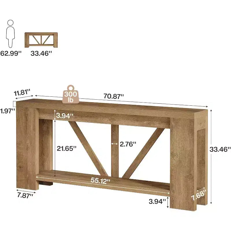 Longue console, table de canapé de style rustique à 2 niveaux derrière le canapé, grande console d'entrée avec rangement pour le couloir, le vestibule