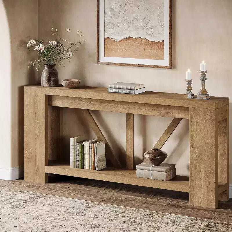 Longue console, table de canapé de style rustique à 2 niveaux derrière le canapé, grande console d'entrée avec rangement pour le couloir, le vestibule