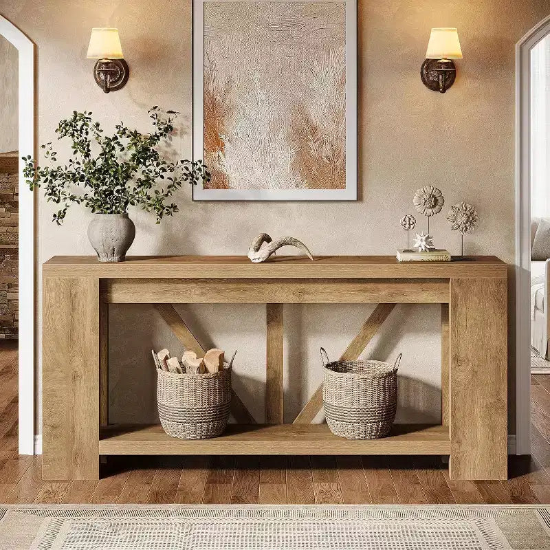 Longue console, table de canapé de style rustique à 2 niveaux derrière le canapé, grande console d'entrée avec rangement pour le couloir, le vestibule