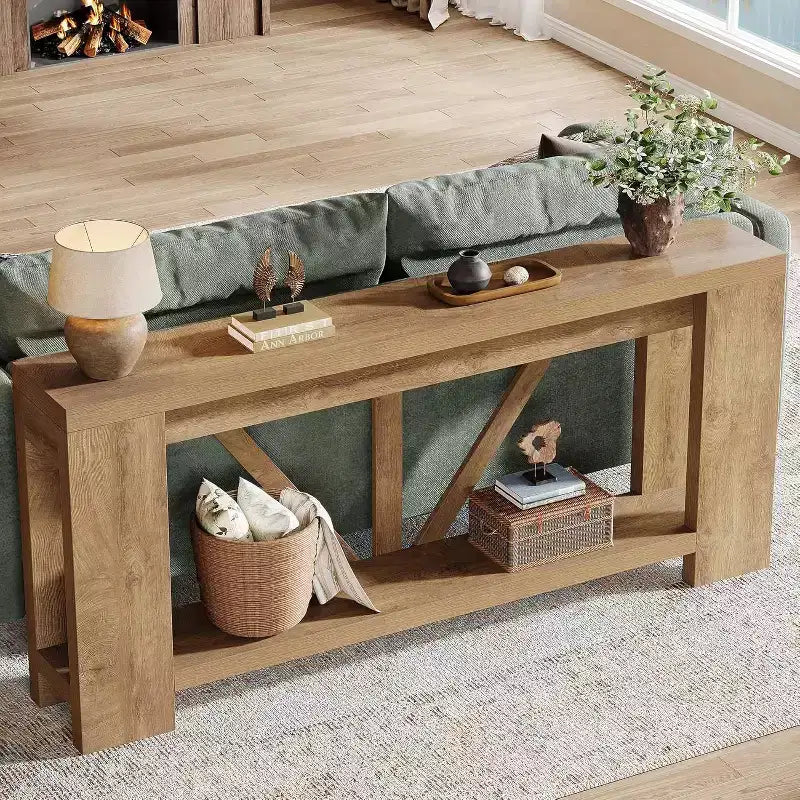 Longue console, table de canapé de style rustique à 2 niveaux derrière le canapé, grande console d'entrée avec rangement pour le couloir, le vestibule