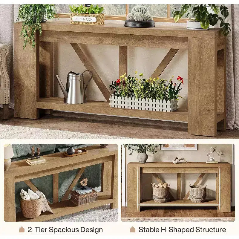 Longue console, table de canapé de style rustique à 2 niveaux derrière le canapé, grande console d'entrée avec rangement pour le couloir, le vestibule