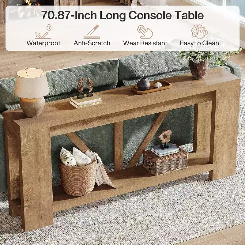 Longue console, table de canapé de style rustique à 2 niveaux derrière le canapé, grande console d'entrée avec rangement pour le couloir, le vestibule