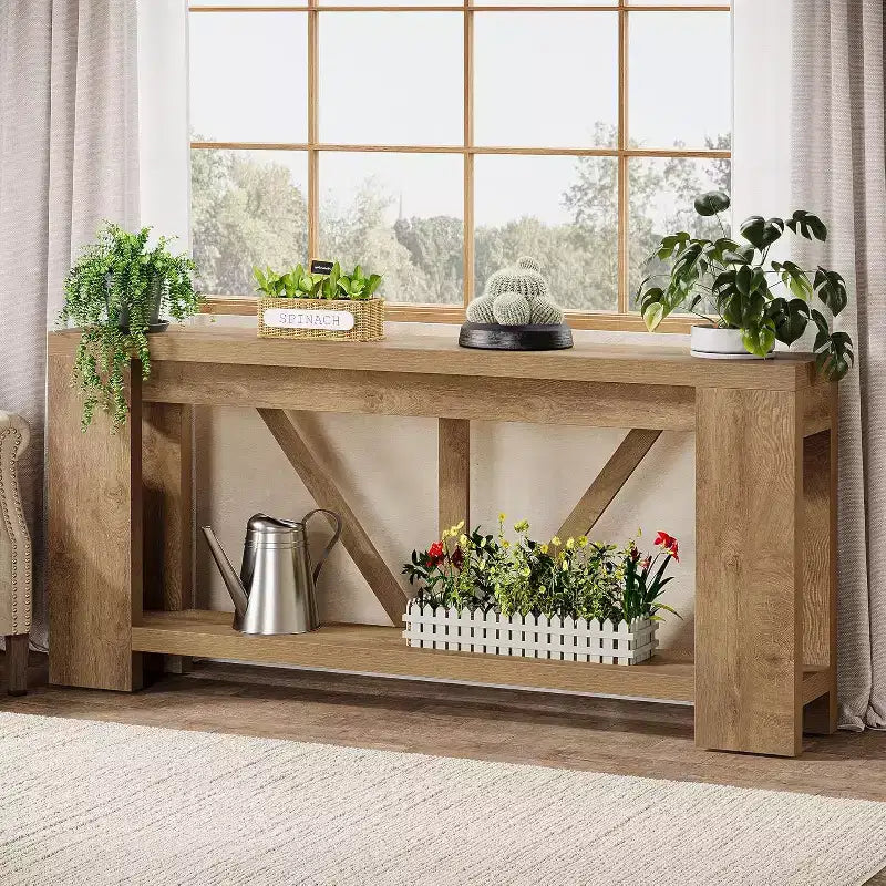 Longue console, table de canapé de style rustique à 2 niveaux derrière le canapé, grande console d'entrée avec rangement pour le couloir, le vestibule