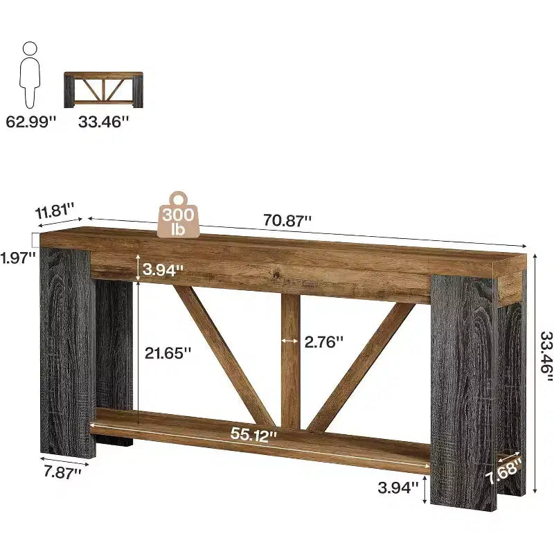 Longue console, table de canapé de style rustique à 2 niveaux derrière le canapé, grande console d'entrée avec rangement pour le couloir, le vestibule