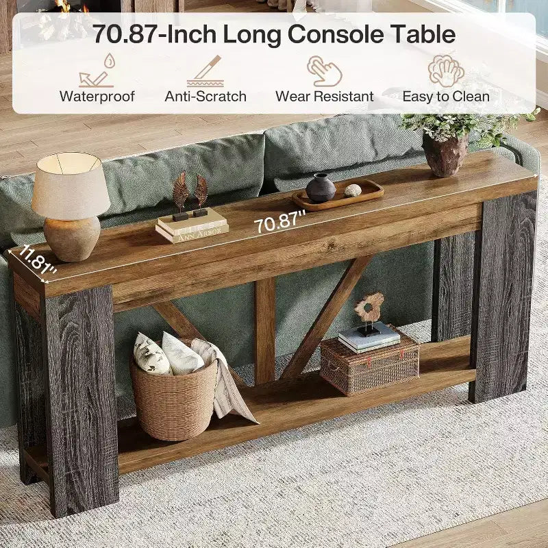 Longue console, table de canapé de style rustique à 2 niveaux derrière le canapé, grande console d'entrée avec rangement pour le couloir, le vestibule