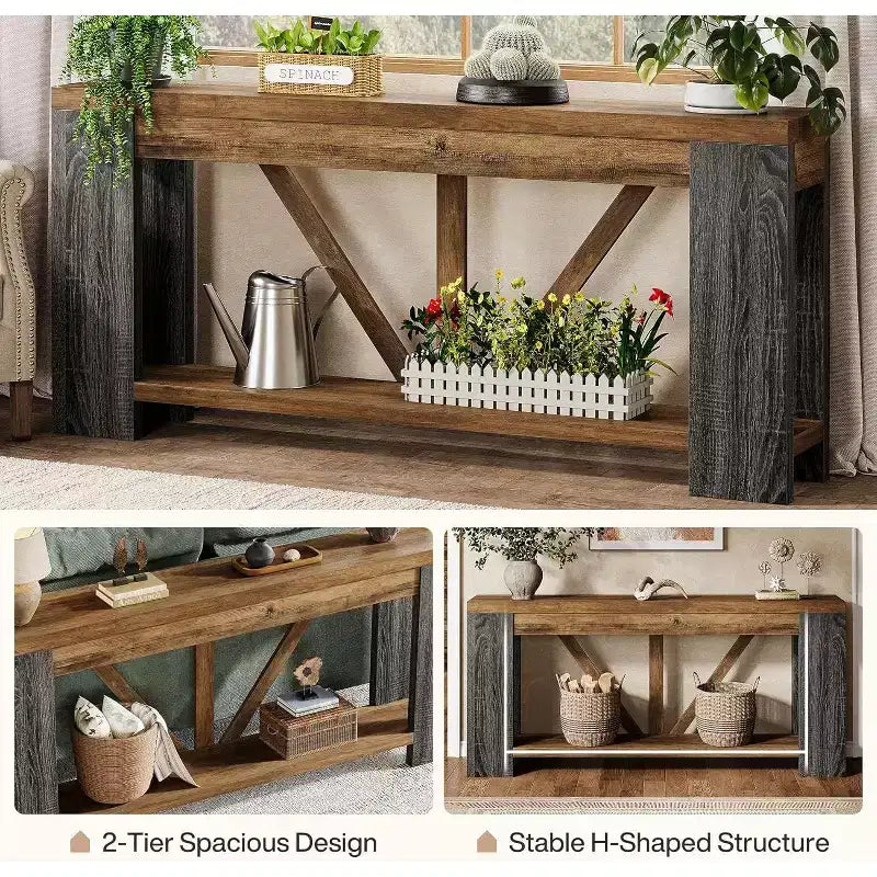 Longue console, table de canapé de style rustique à 2 niveaux derrière le canapé, grande console d'entrée avec rangement pour le couloir, le vestibule
