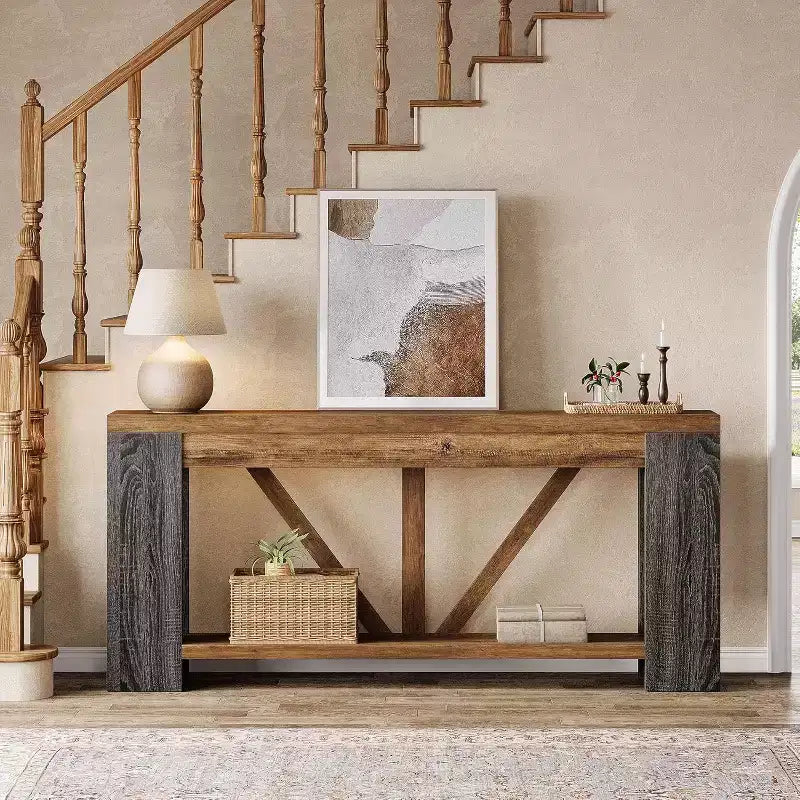 Longue console, table de canapé de style rustique à 2 niveaux derrière le canapé, grande console d'entrée avec rangement pour le couloir, le vestibule