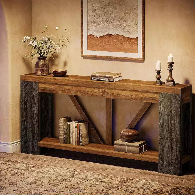 Longue console, table de canapé de style rustique à 2 niveaux derrière le canapé, grande console d'entrée avec rangement pour le couloir, le vestibule