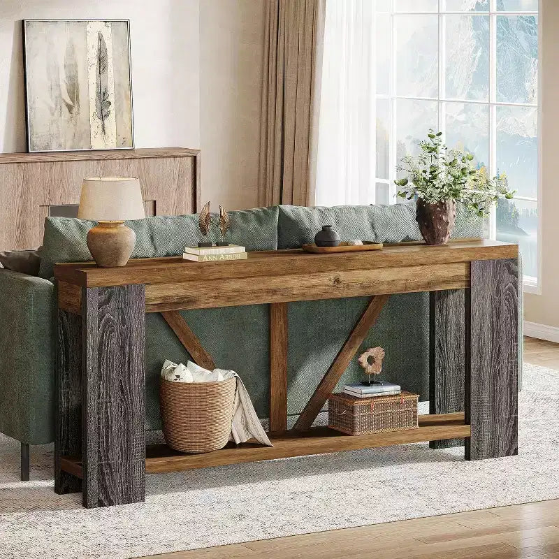 Longue console, table de canapé de style rustique à 2 niveaux derrière le canapé, grande console d'entrée avec rangement pour le couloir, le vestibule