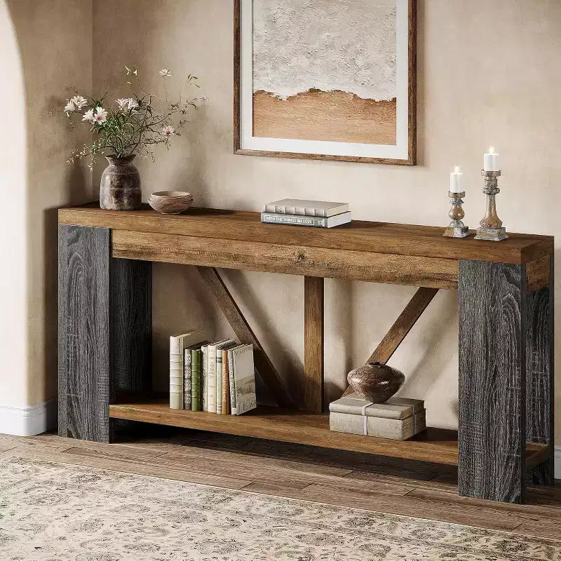 Longue console, table de canapé de style rustique à 2 niveaux derrière le canapé, grande console d'entrée avec rangement pour le couloir, le vestibule